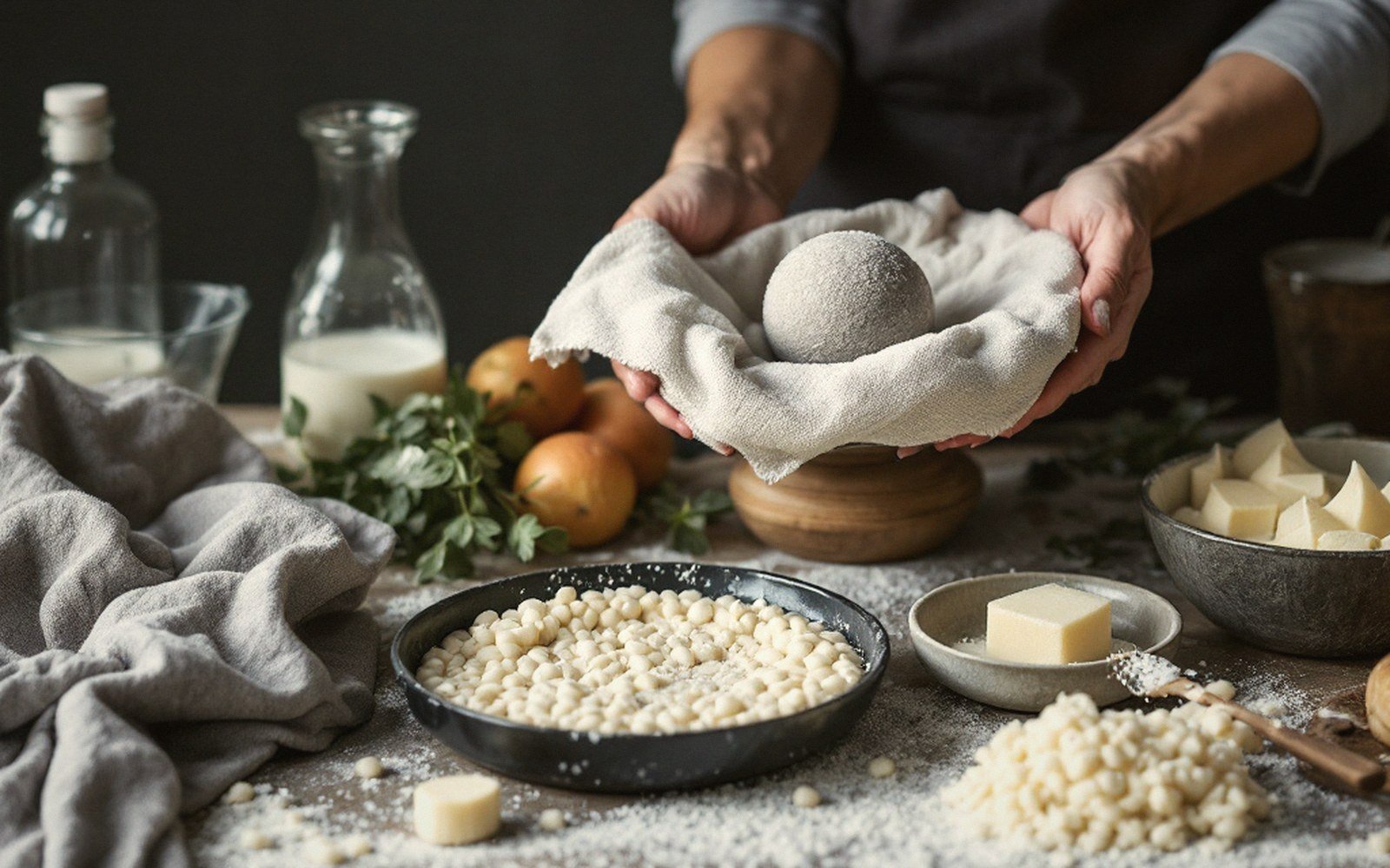 Hands wrap a floured round dough ball in cloth beside bowls of dough pearls and cheese cubes