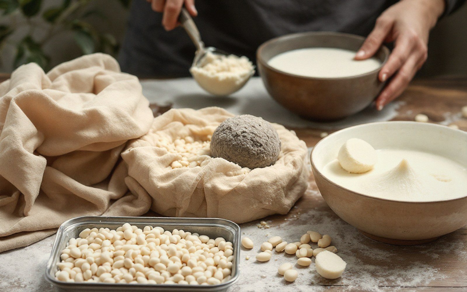 Small white balls of dough sit in a cloth beside bowls of milk and flour