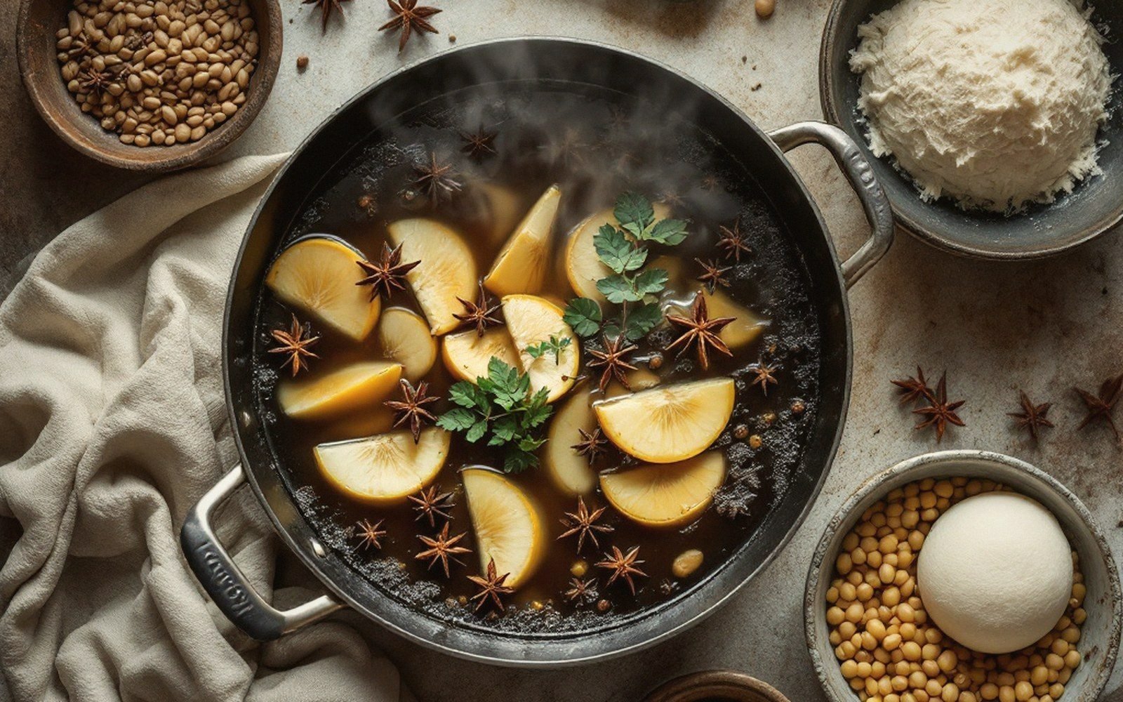 Steaming pot of dark broth with citrus wedges, star anise and herbs, surrounded by bowls of soybeans