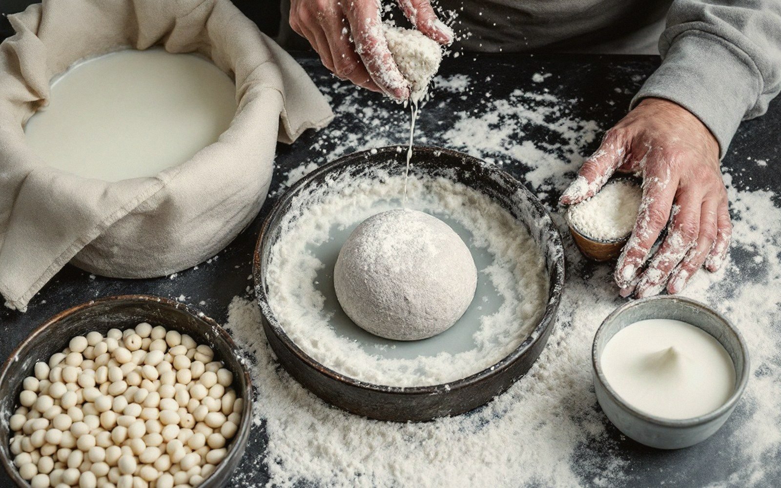 Hands sift flour over a dough ball surrounded by bowls of beans, milk and starch