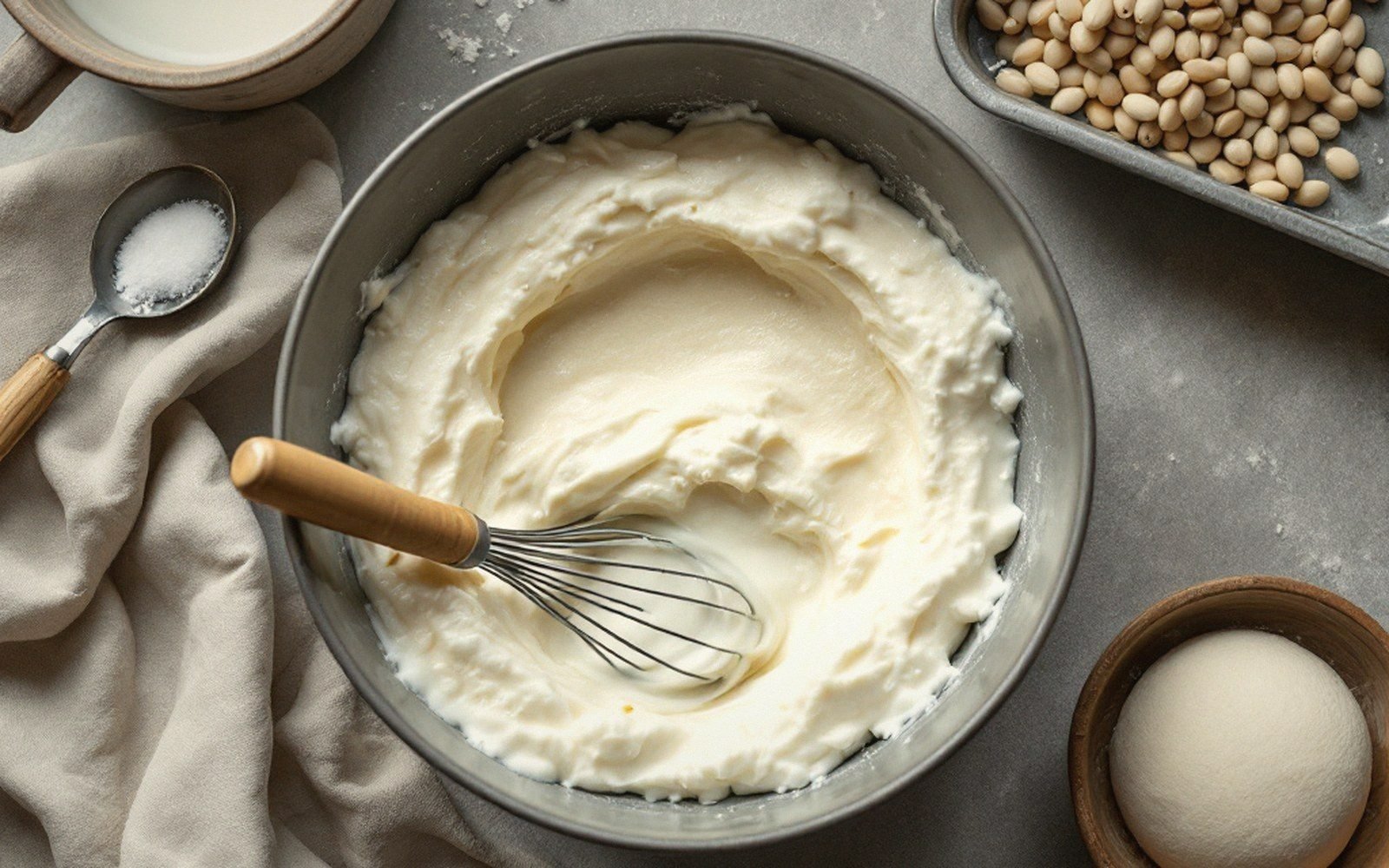 Whipped cream in a metal bowl with a whisk, surrounded by baking ingredients