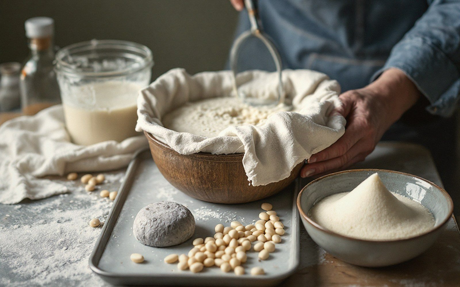 Hands mashing soaked soybeans in a cloth-lined bowl beside soy flour and beans