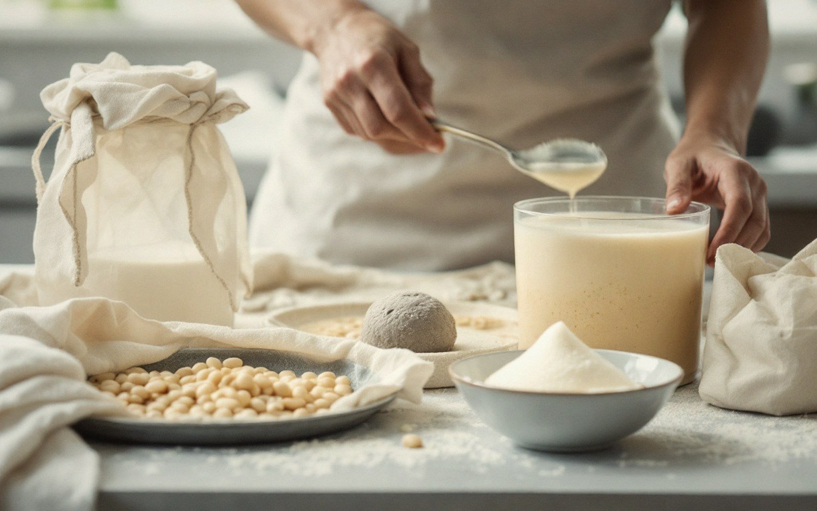 Person spooning coagulant into a jar of warm soy milk beside soybeans and tofu ingredients