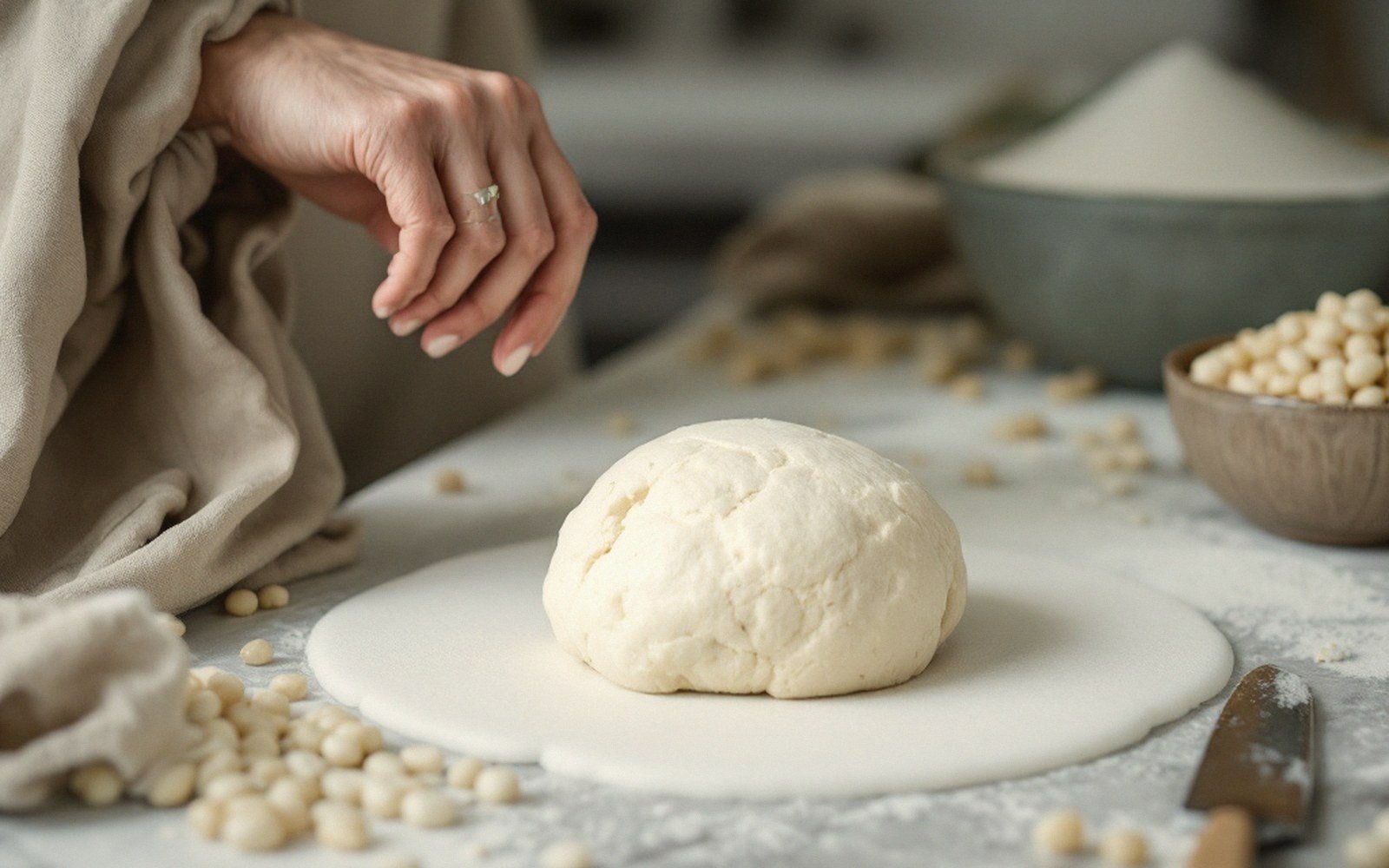 A hand sprinkles flour over a rounded ball of dough on a floured surface