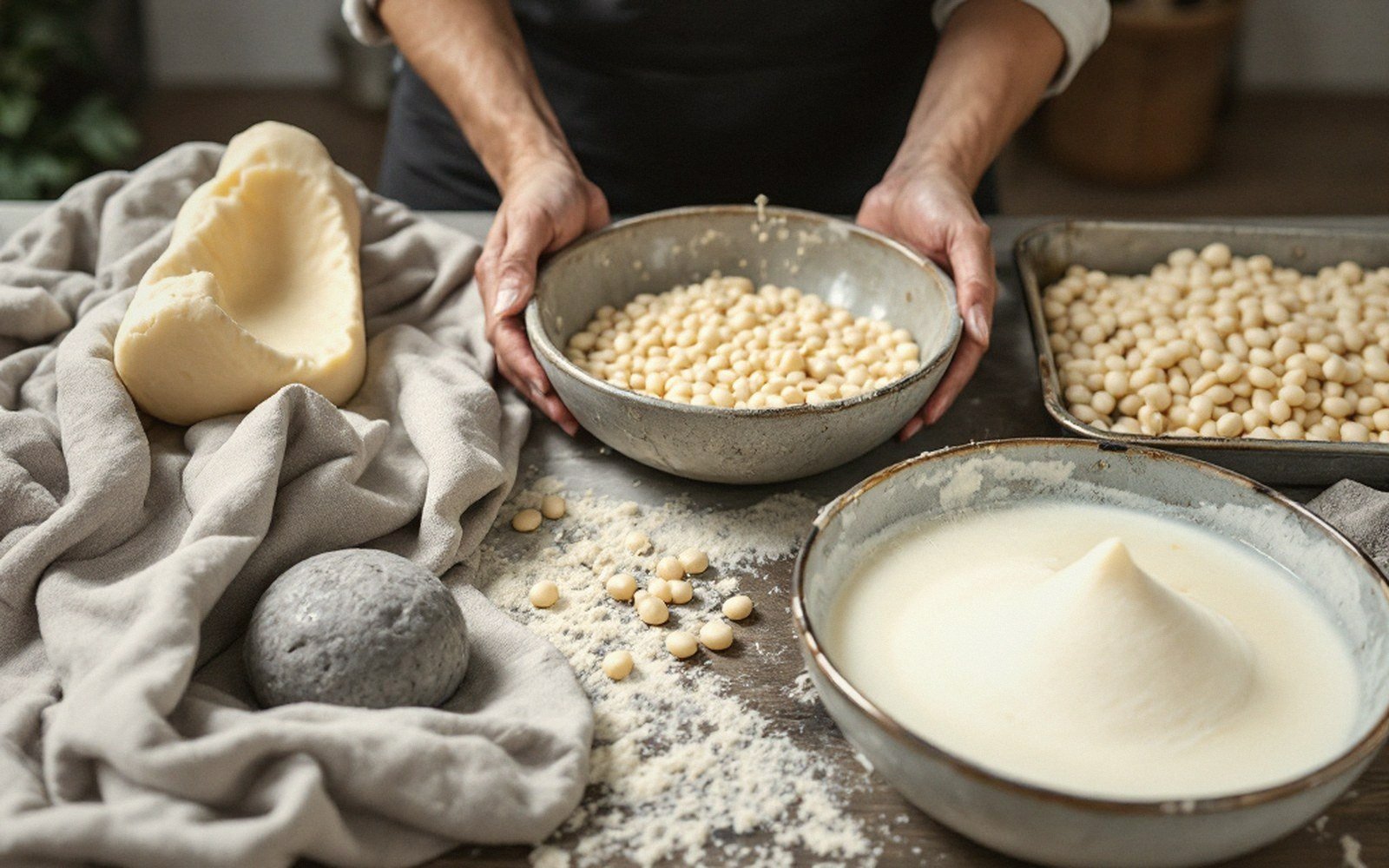 Hands hold a bowl of pasta beads beside a mound of fresh curd on a floured table