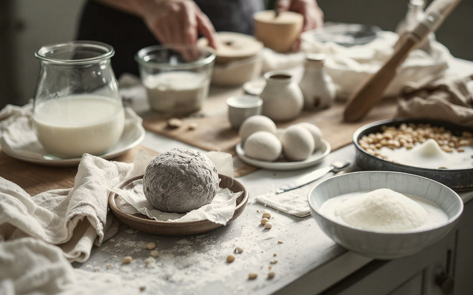 Dough balls, flour, milk and nuts arranged on a table during baking preparation