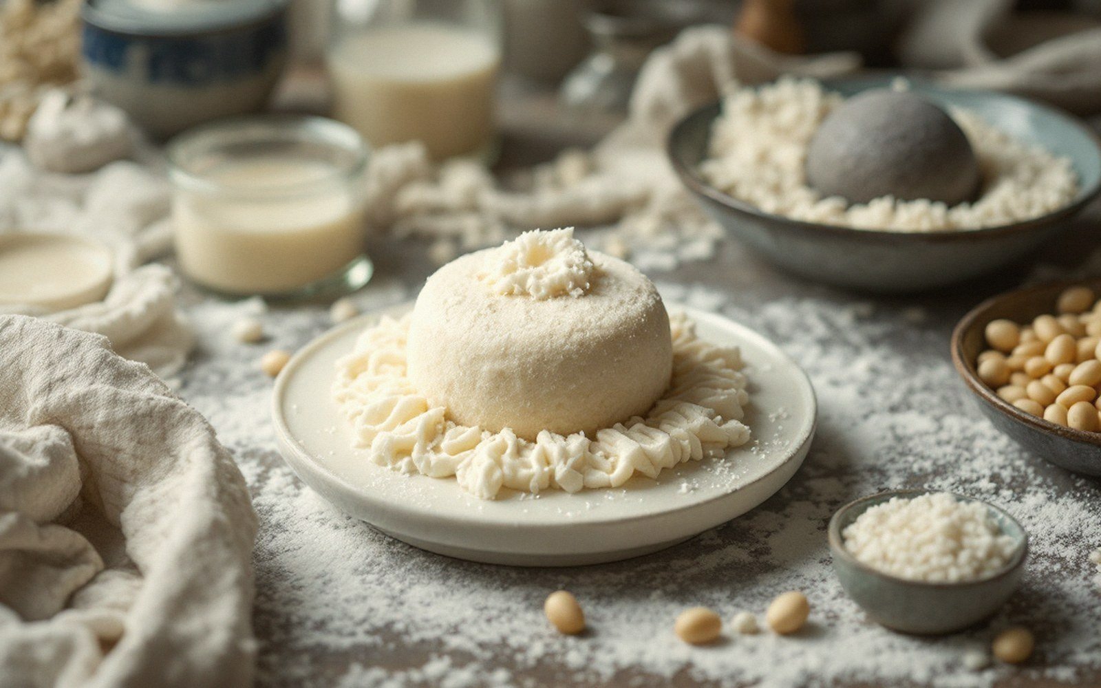 Round dessert dusted with powder, plated with piped cream, surrounded by soybeans and jars of milk