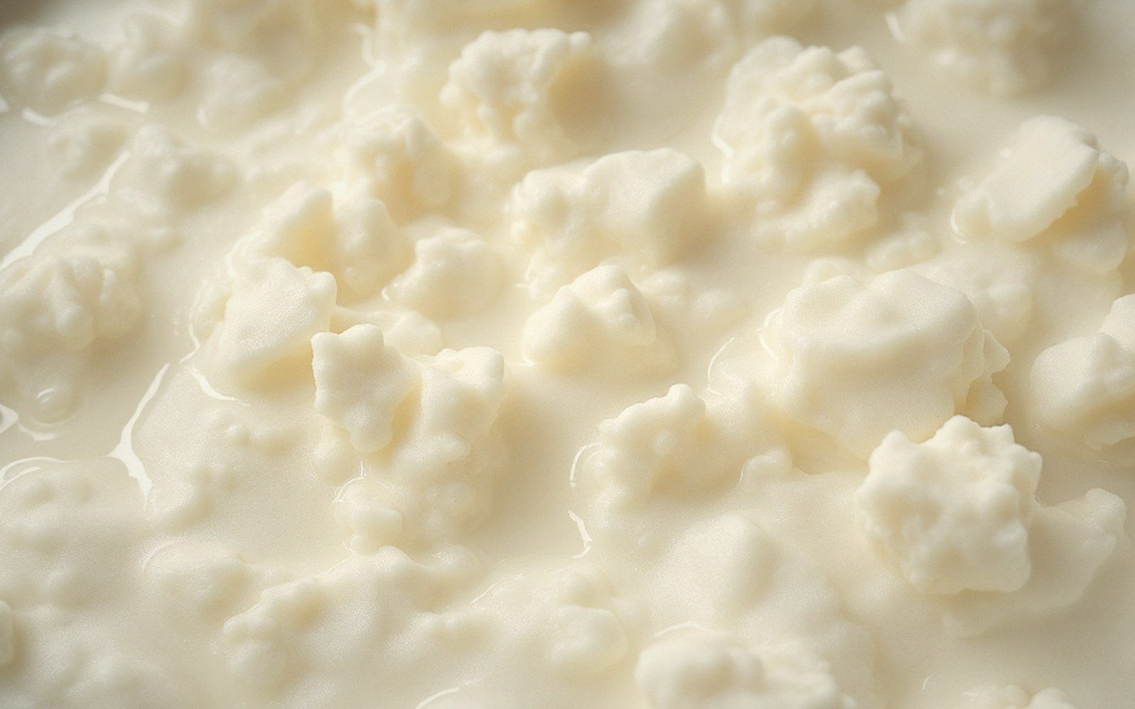 Close-up of curdled milk clumps floating in whey