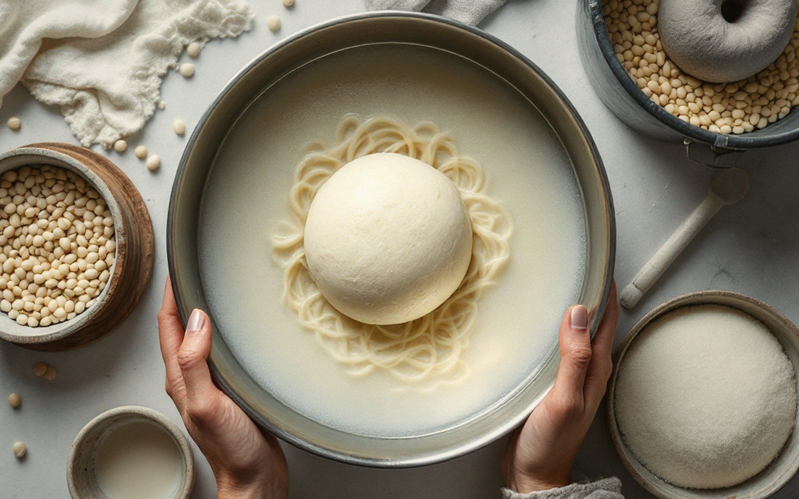 Hands hold a round tray with a dough ball resting in cloudy starch wash water