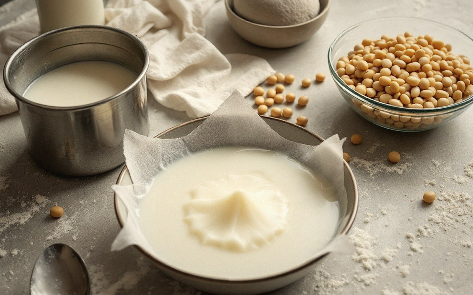 Soy milk skin forming in a bowl beside soybeans and a metal cup of milk